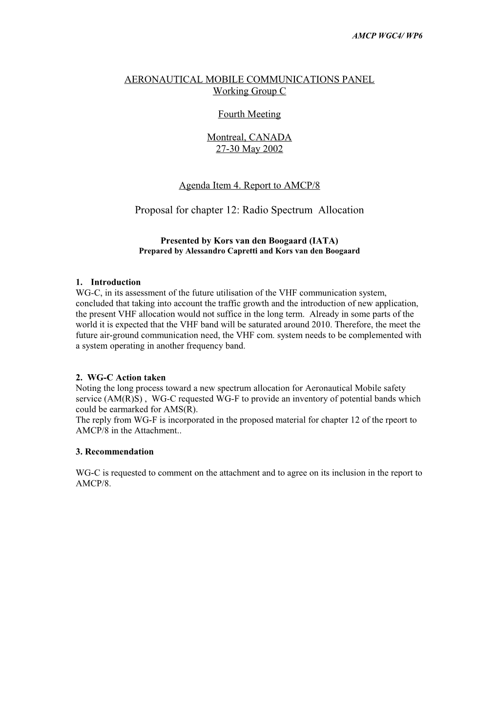 Proposal for Chapter 12: Radio Spectrum Allocation