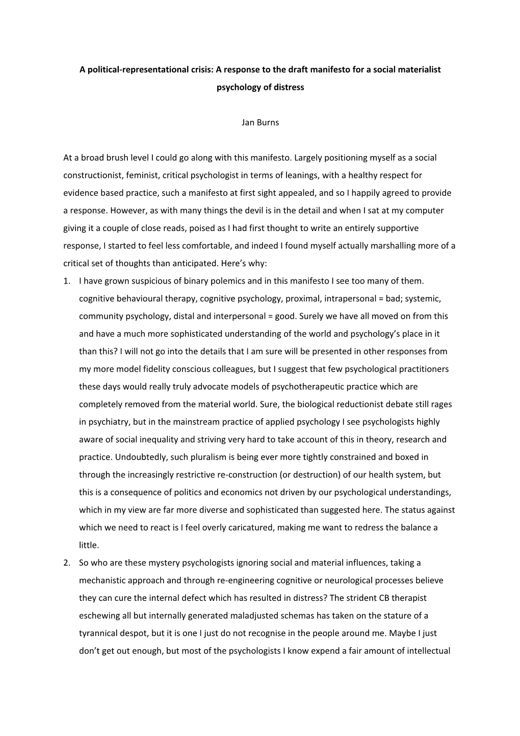 A Political-Representational Crisis: a Response to the Draft Manifesto for a Social Materialist