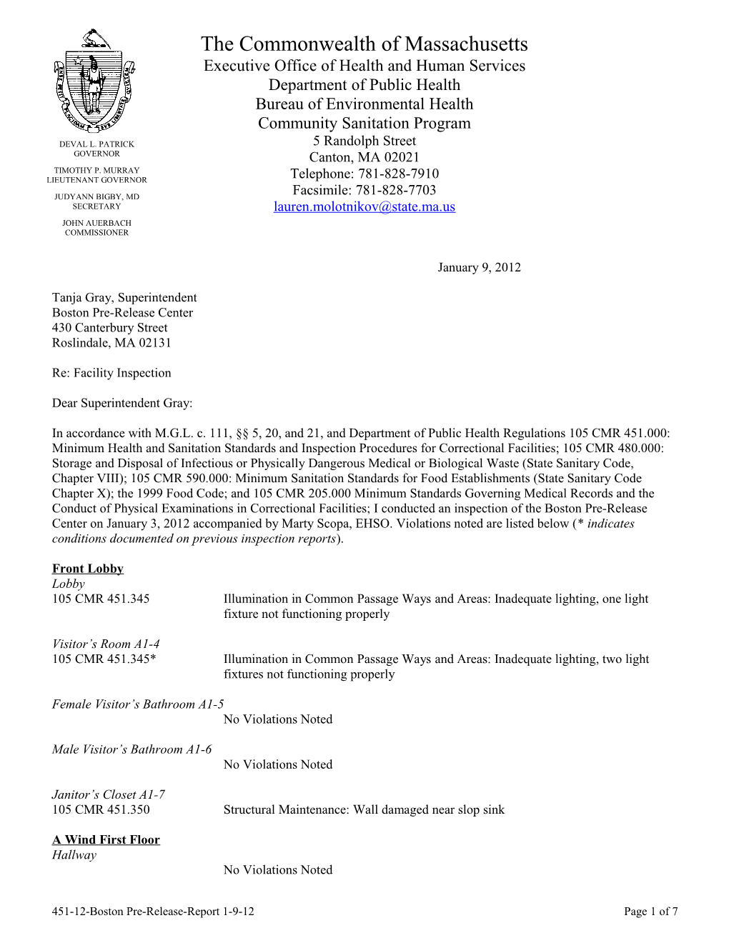 Boston Pre-Release Center Facility Inspection Report-01/09/2012