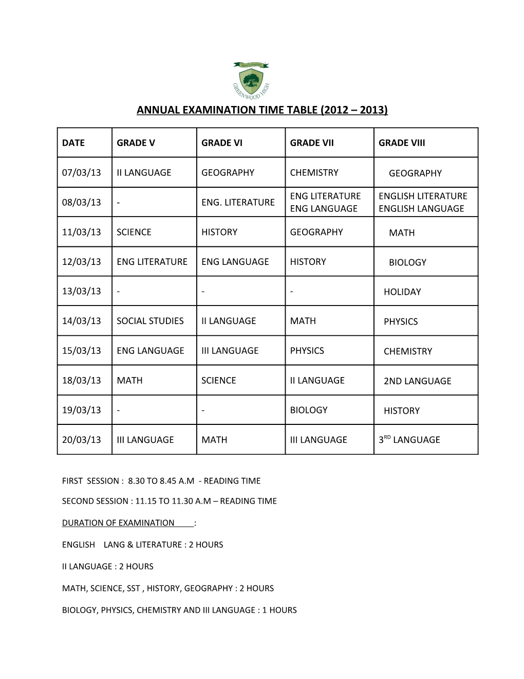 Annual Examination Time Table (2012 2013)