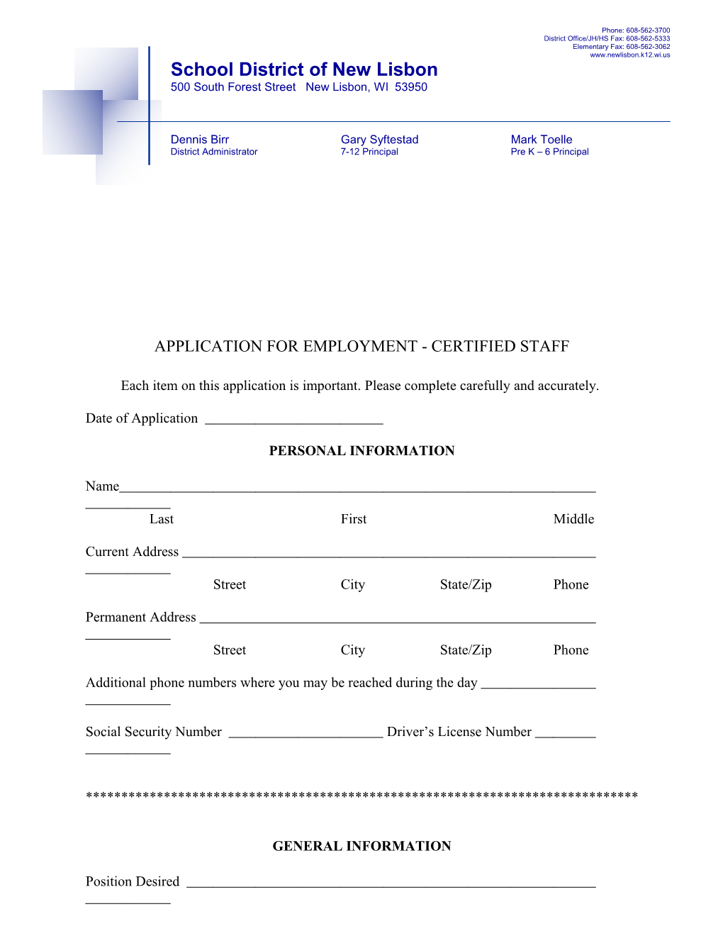 Application for Employment - Certified Staff