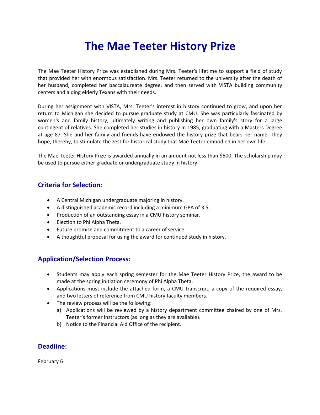 Mae Teeter History Prize Application