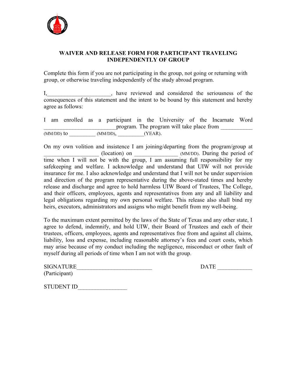 Waiver and Release Form for Participant Traveling
