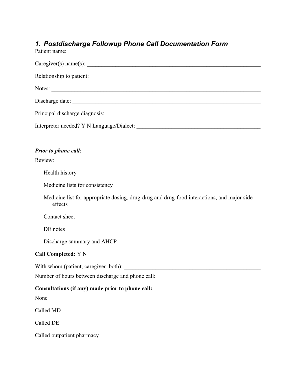 Postdischarge Followup Phone Call Documentation Form