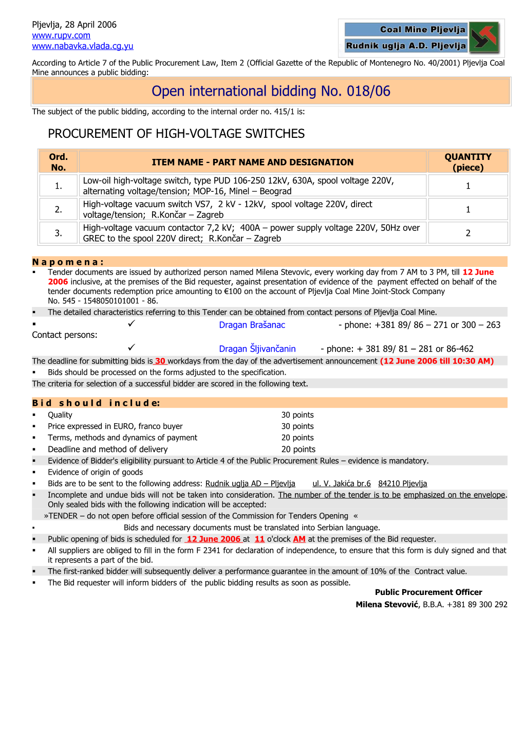 Open International Bidding No. 018/06