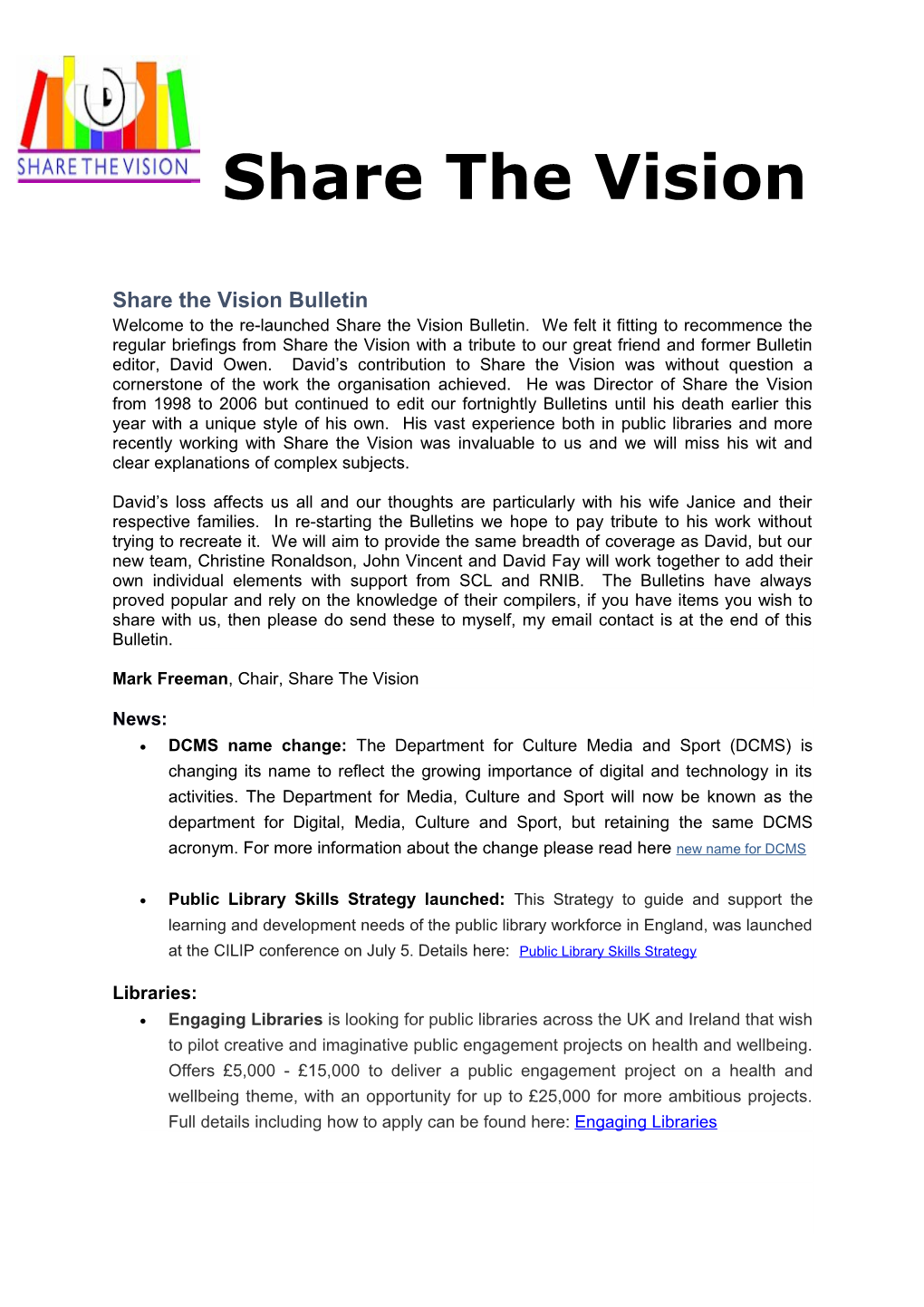 Share the Vision Bulletin