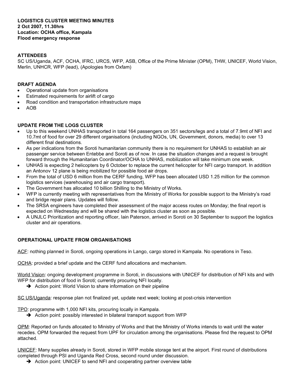 Logistics CLUSTER Meeting Minutes