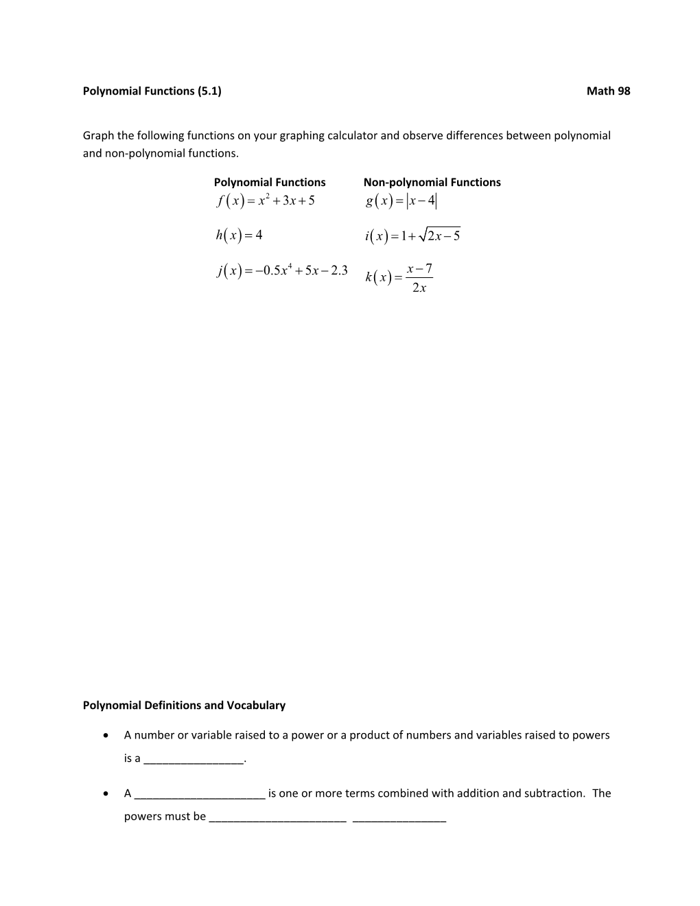 Polynomial Definitions and Vocabulary