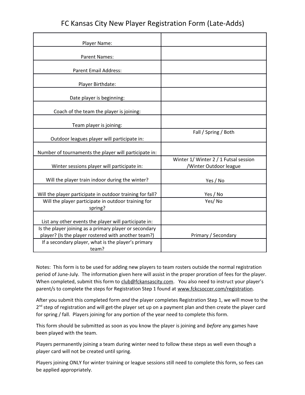 FC Kansas City New Player Registration Form (Late-Adds)