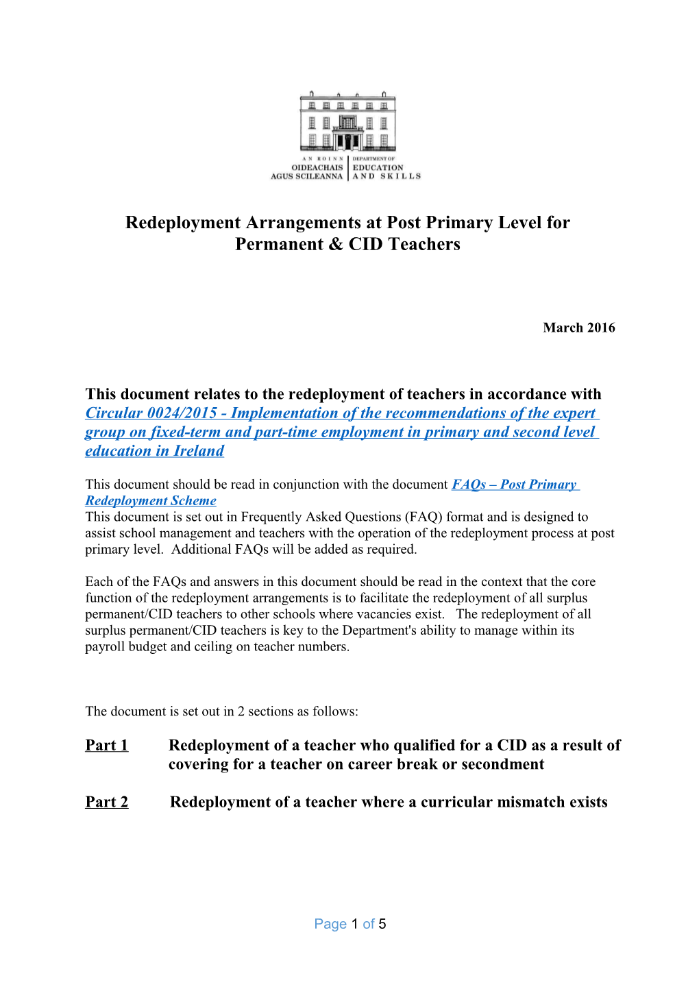 Redeployment Arrangements at Post Primary Level For