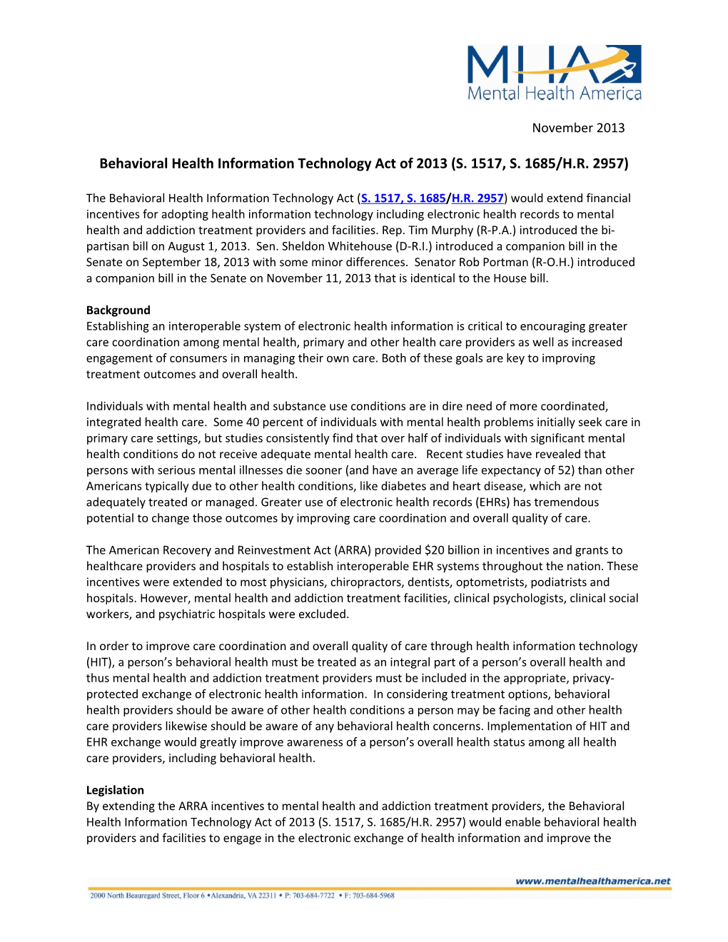 Behavioral Health Information Technology Act of 2013 (S. 1517, S. 1685/H.R. 2957)