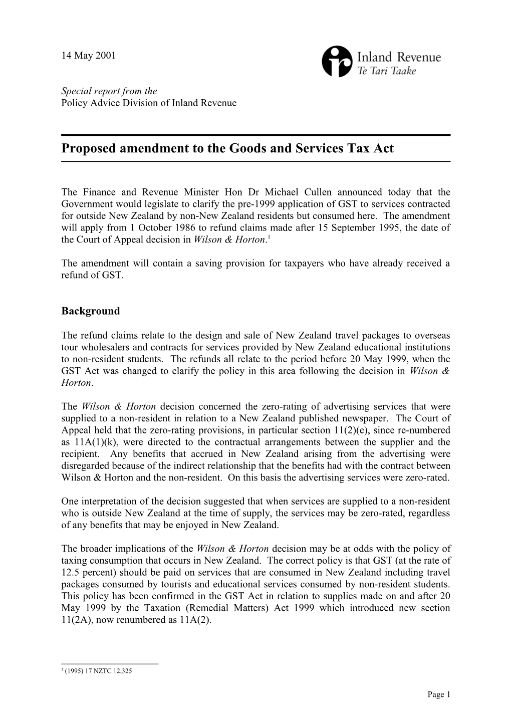 Special Report - Proposed Amendment to the Goods and Services Tax Act