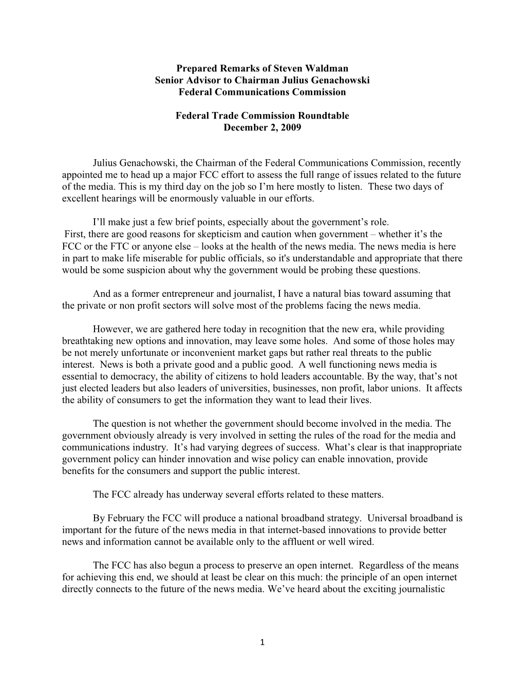 Statement of Steven Waldman, Senior Advisor to the Chairman