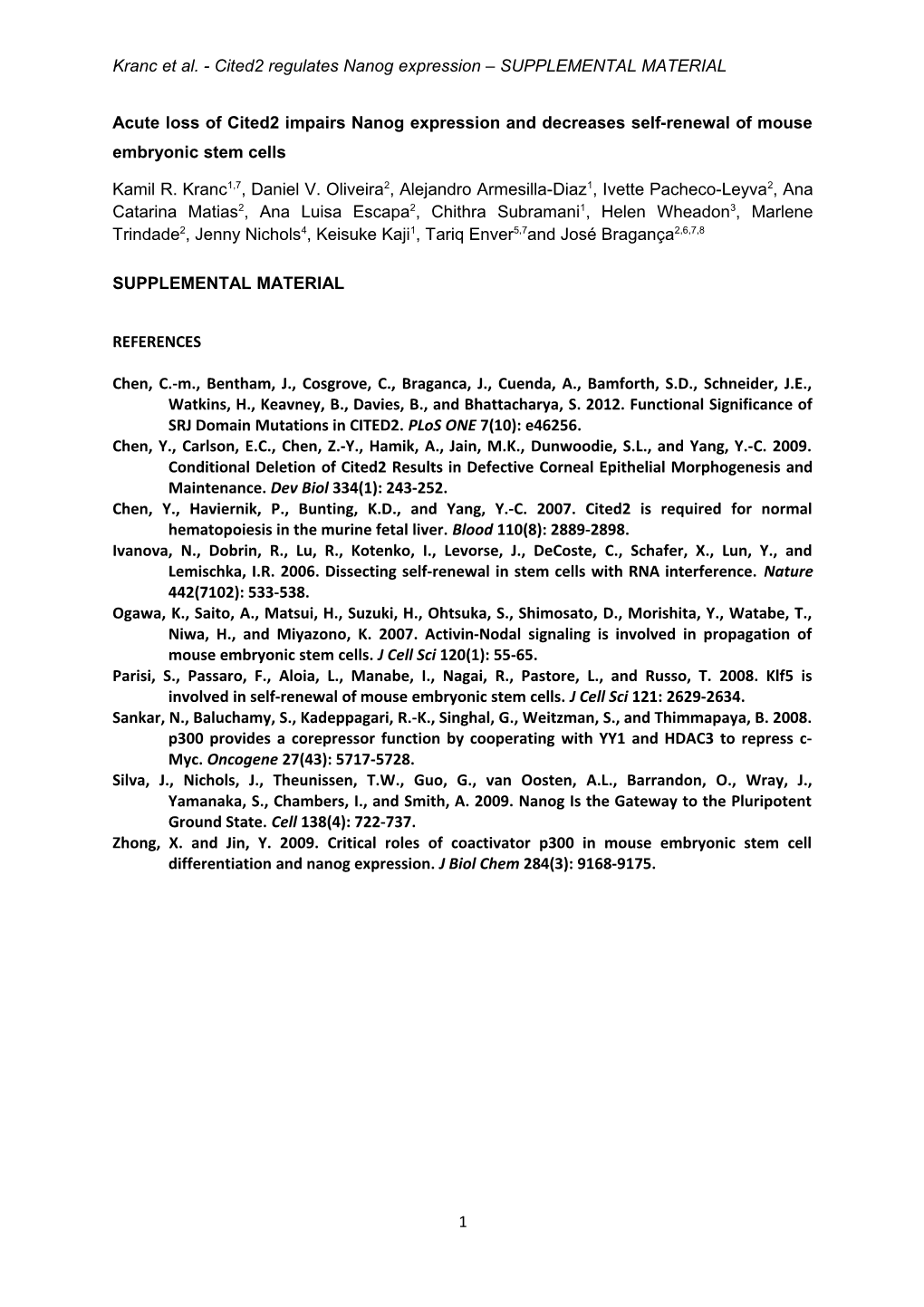 Kranc Et Al. - Cited2 Regulates Nanog Expression SUPPLEMENTAL MATERIAL