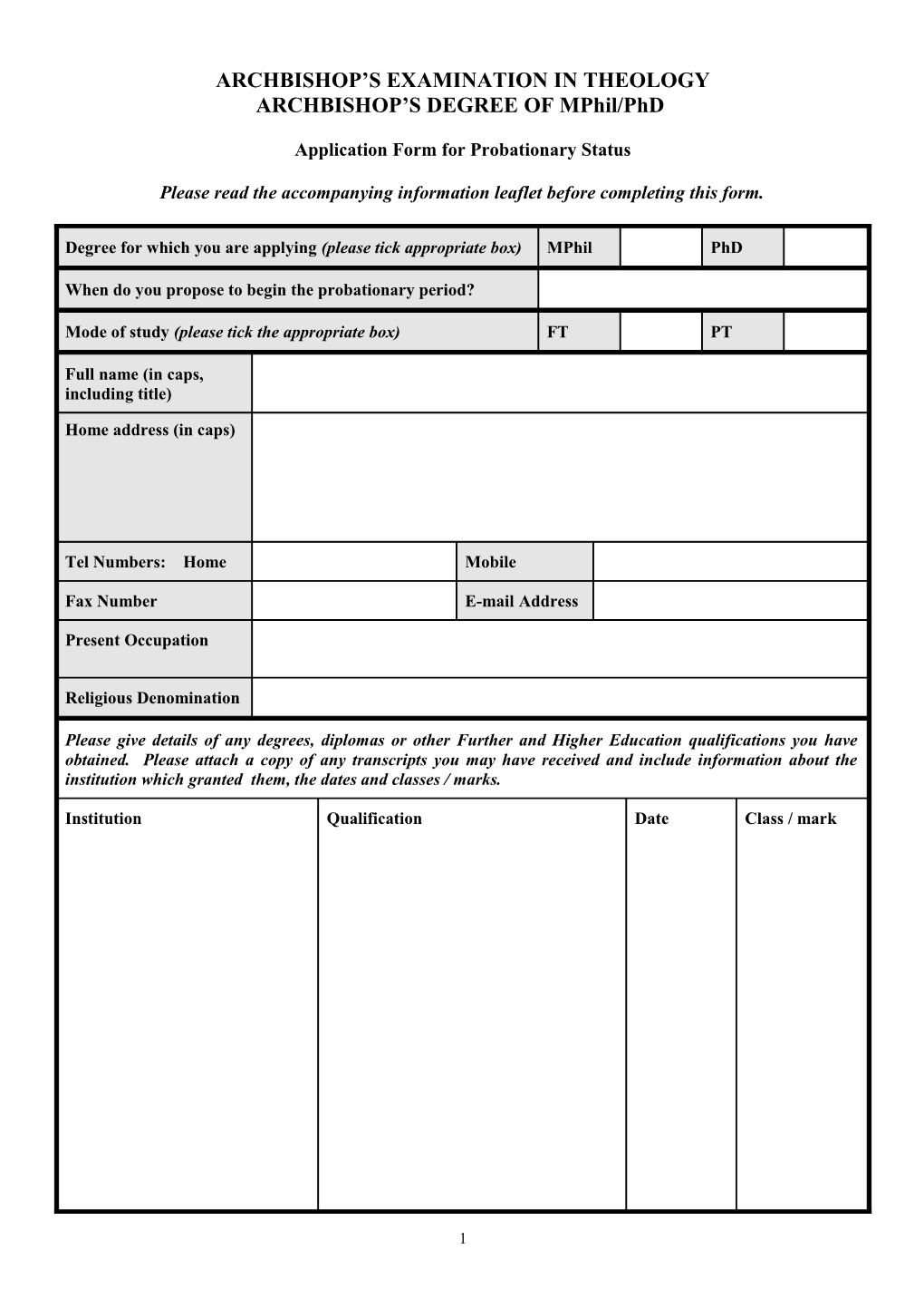 The Archbishop S Degree of Master of Arts (Ma) by Thesis