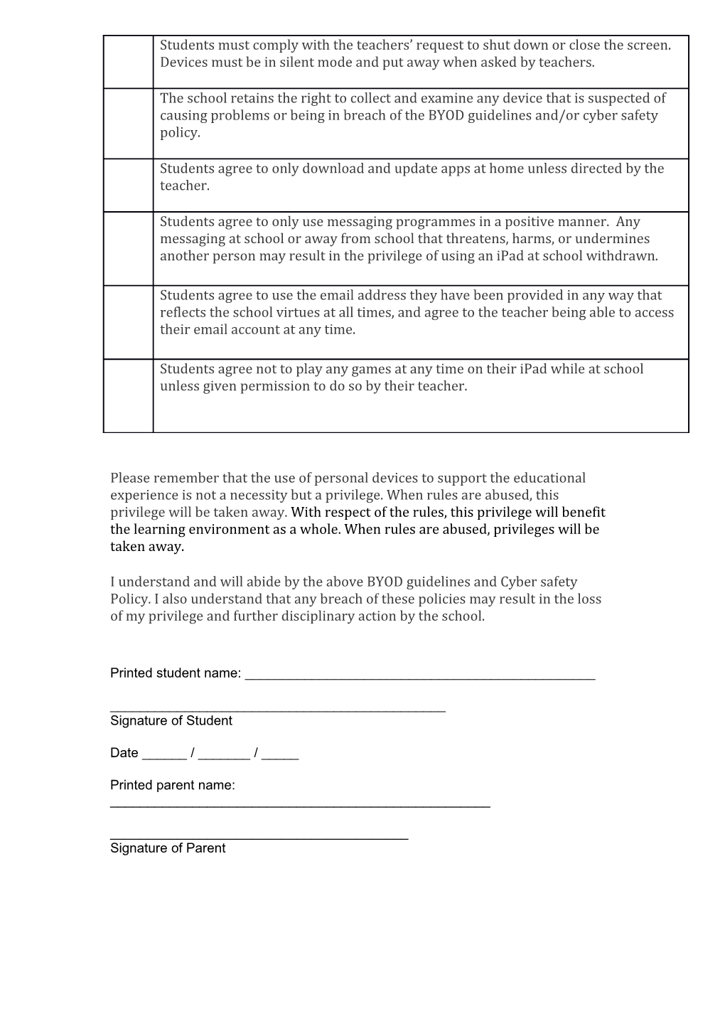 BYOD Agreement Form and Protocol for the Use of Ipad S at Leamington School