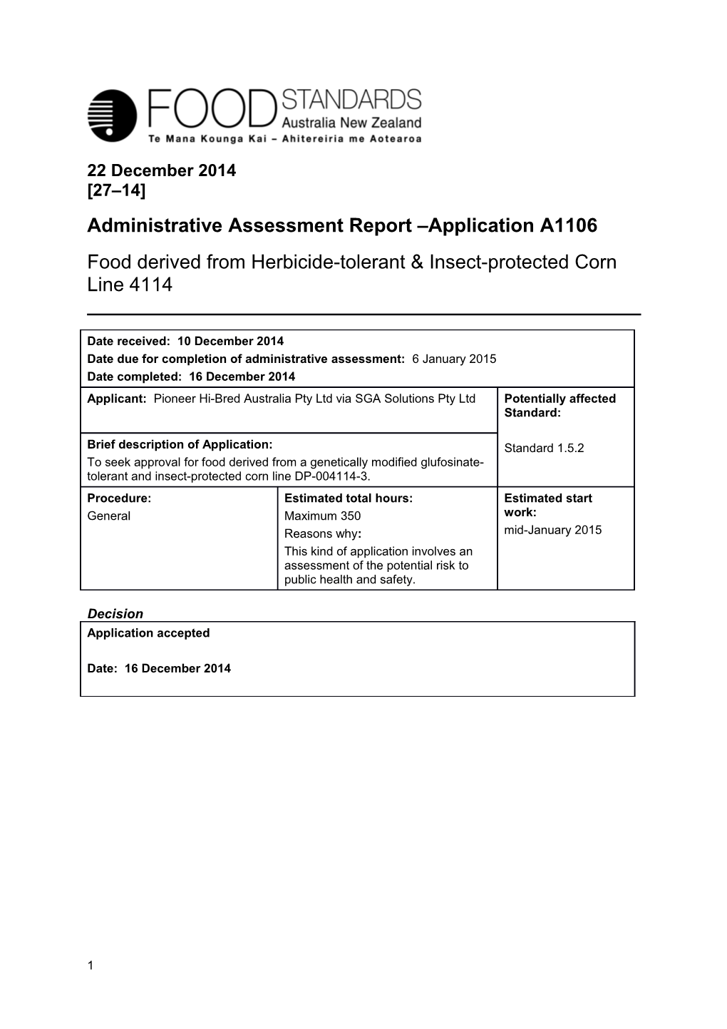 Administrative Assessment Report Application A1106