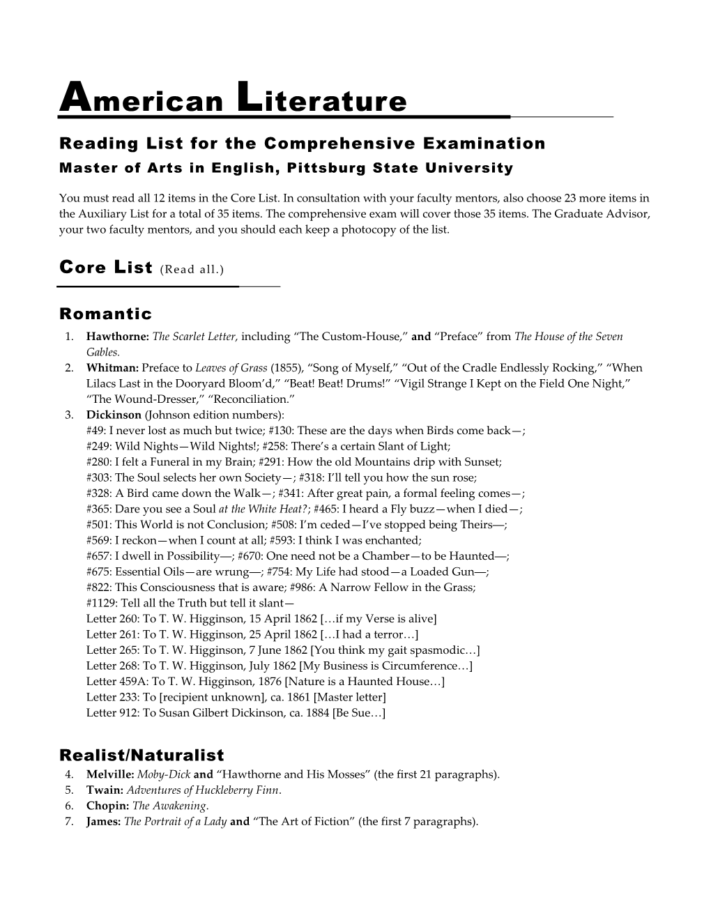 Reading List for the Comprehensive Examination
