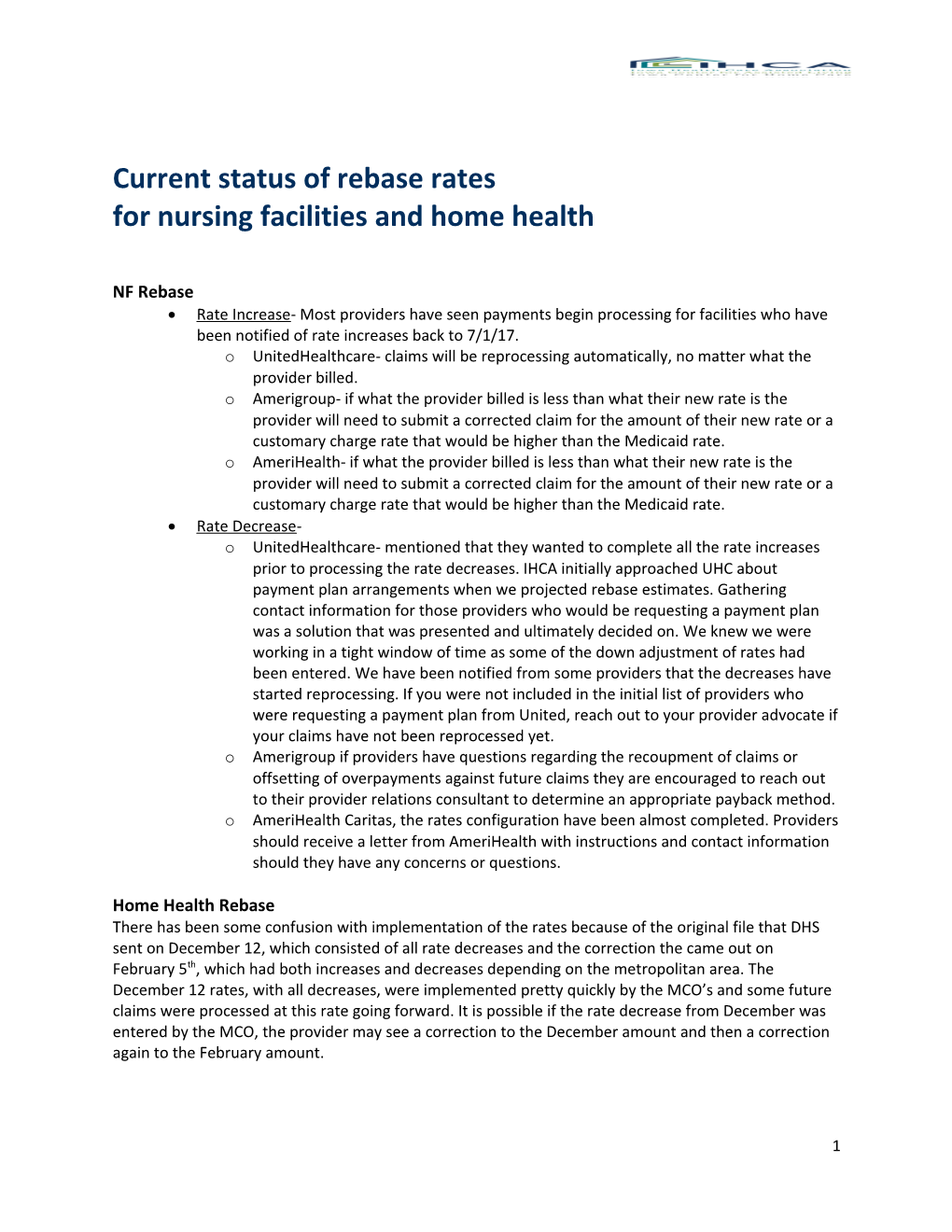 Current Status of Rebase Rates for Nursing Facilities and Home Health