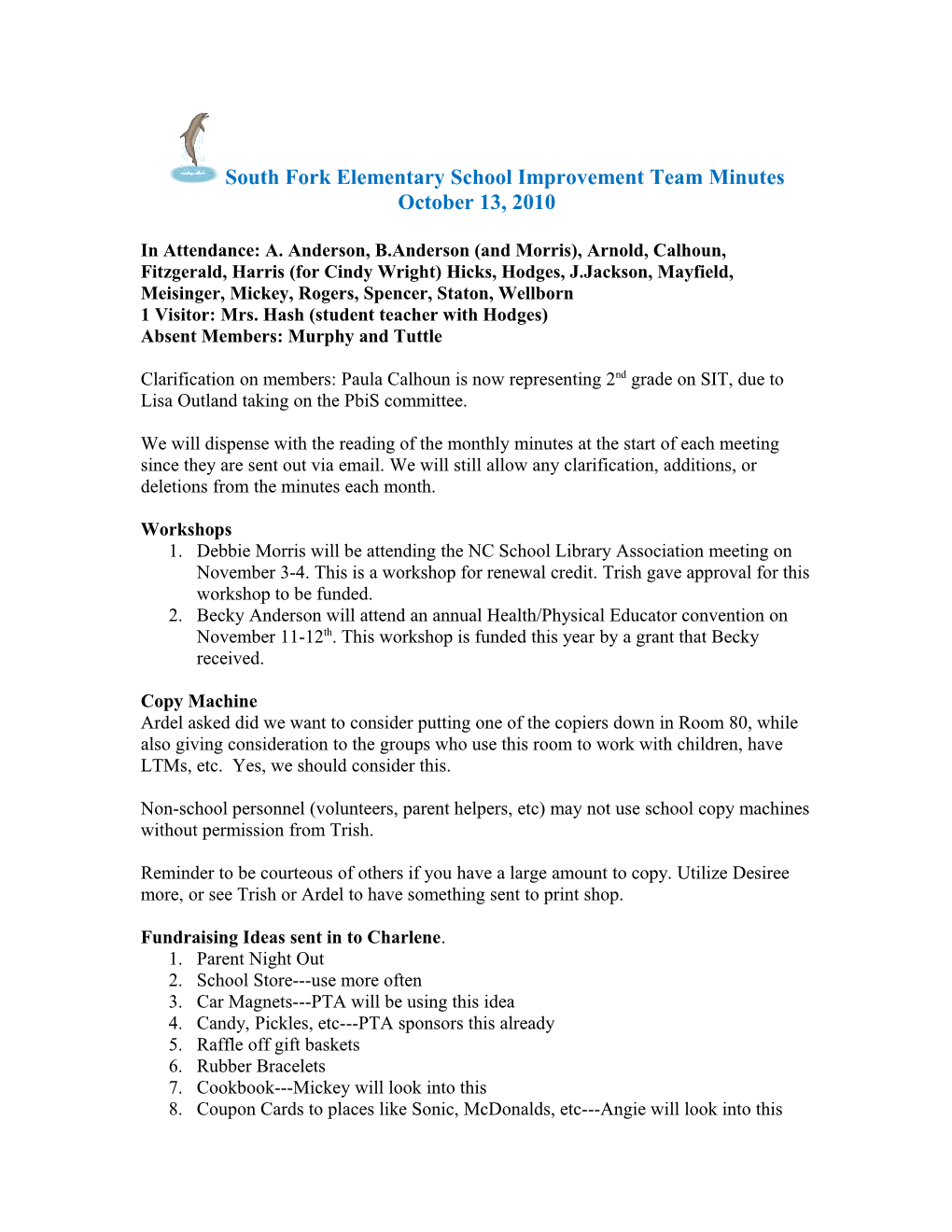 South Fork Elementary School Improvement Team Minutes