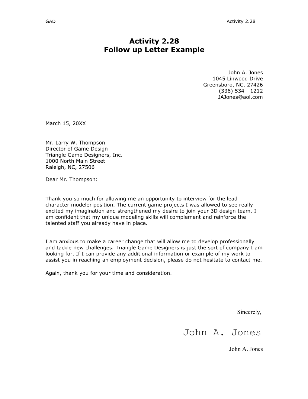 Follow up Letter Example