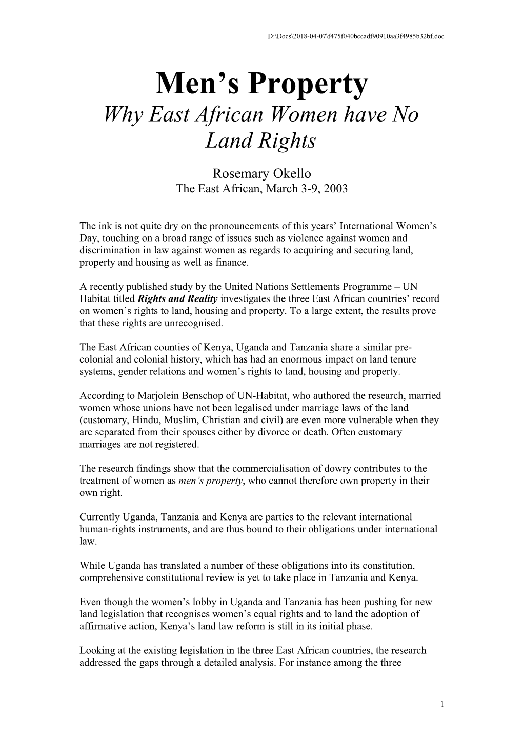 Why East African Women Have No Land Rights