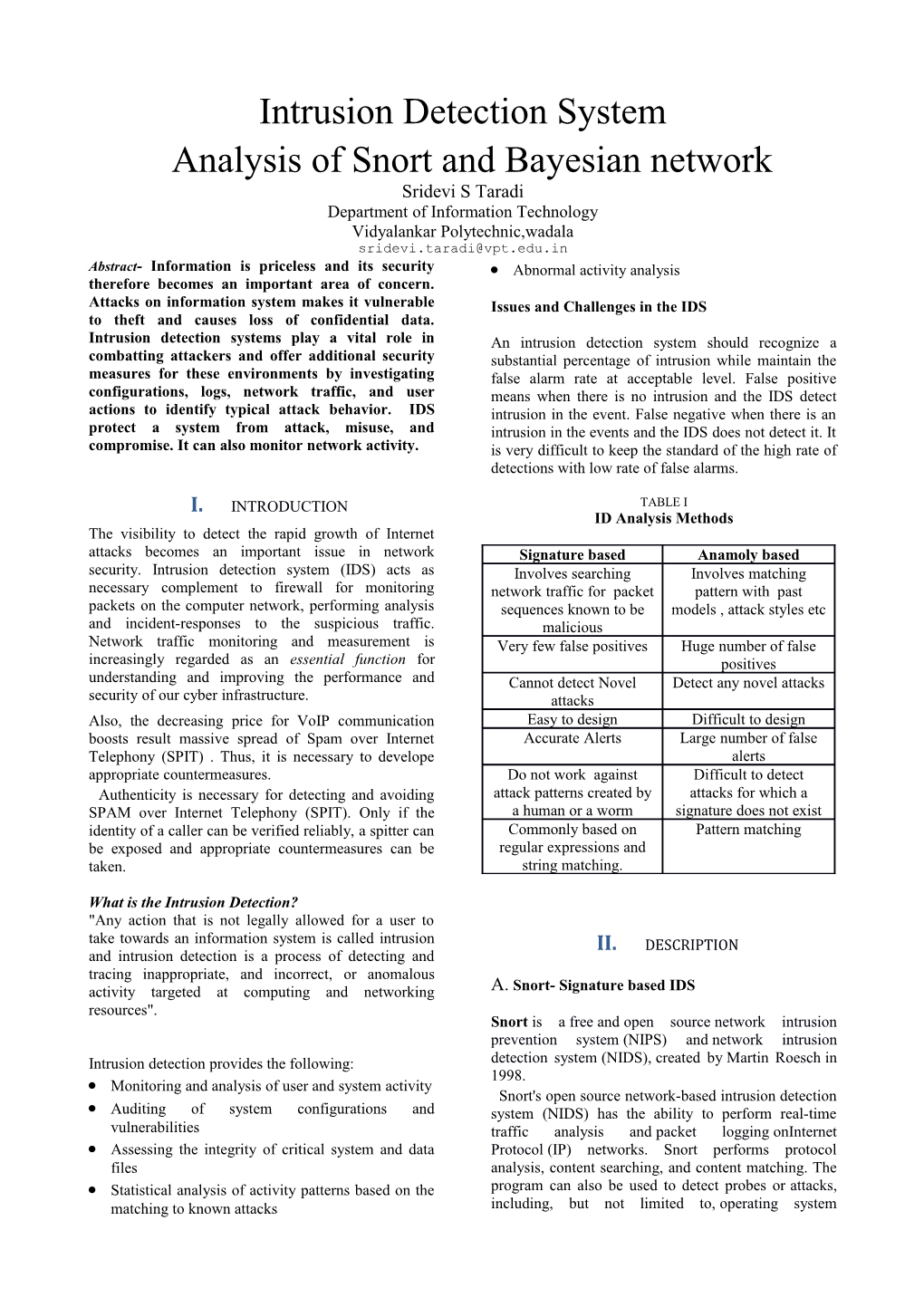 Analysis of Snort and Bayesian Network