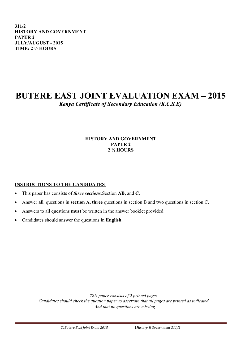 Butere East Joint Evaluation Exam 2015