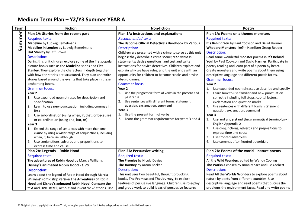 Medium Term Plan Y2/Y3 Summer YEAR A