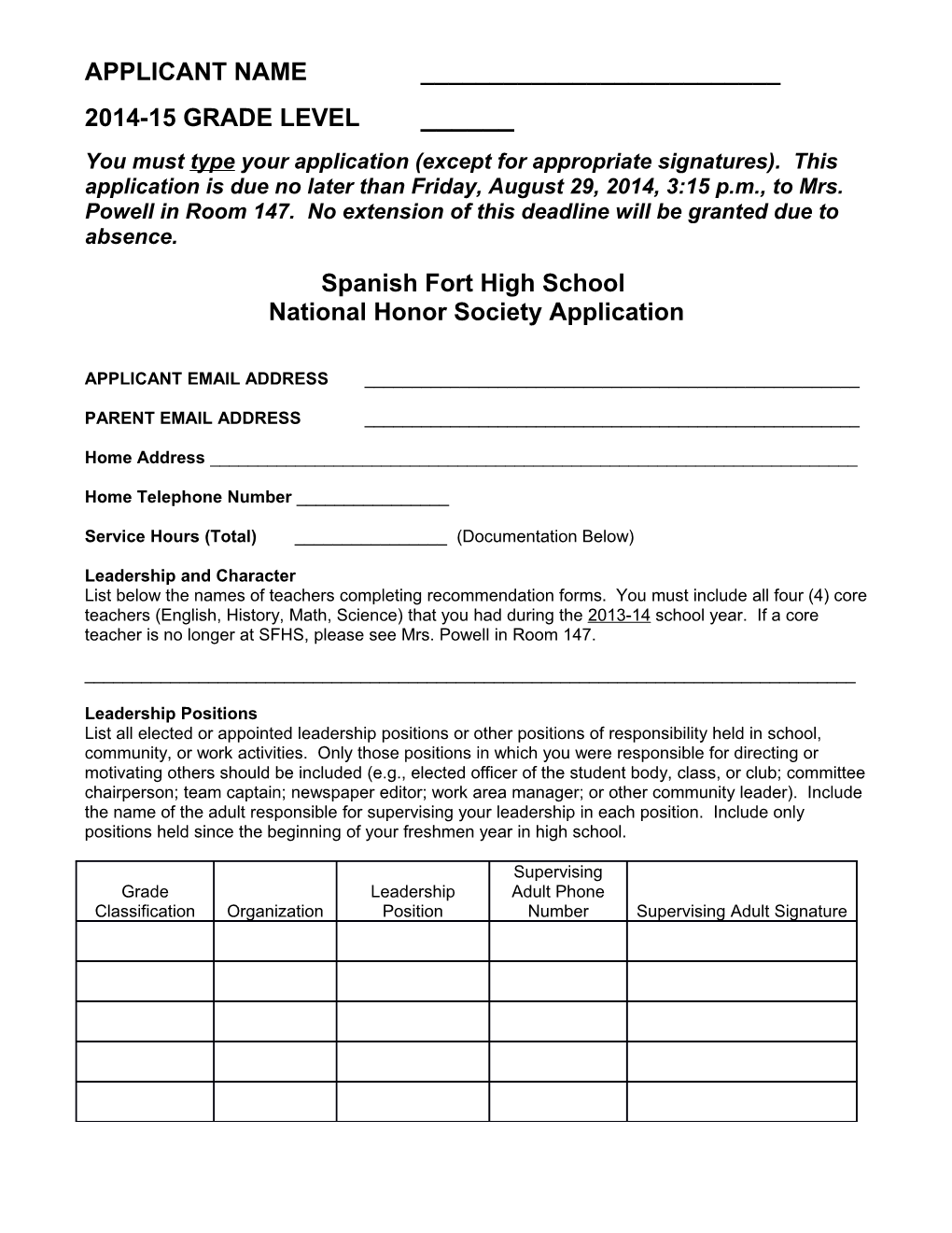 Spanish Fort High School National Honor Society Application