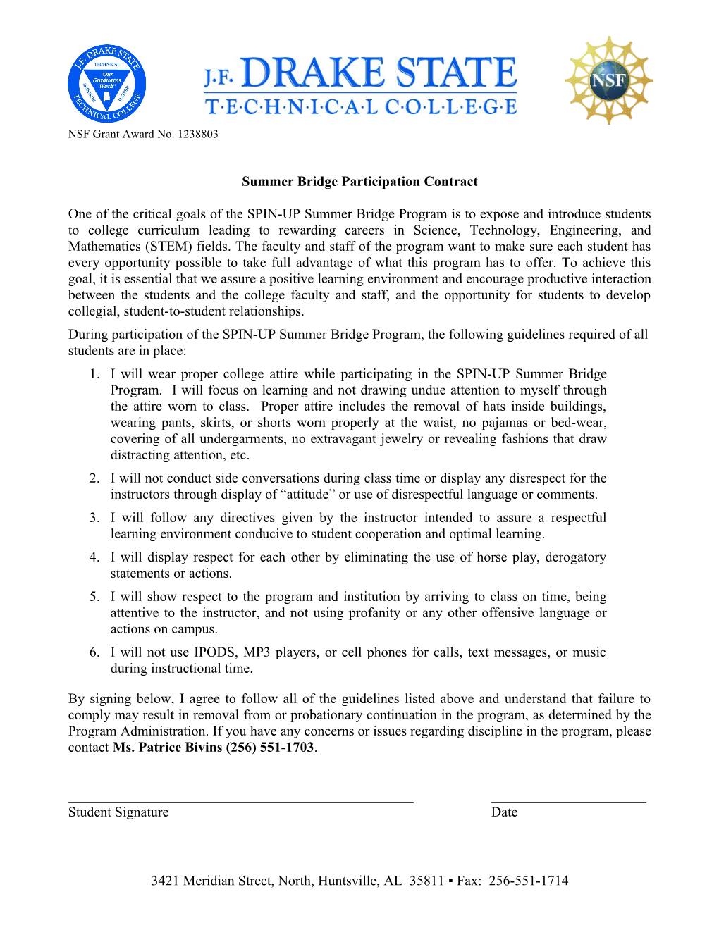 Summer Bridge Participation Contract