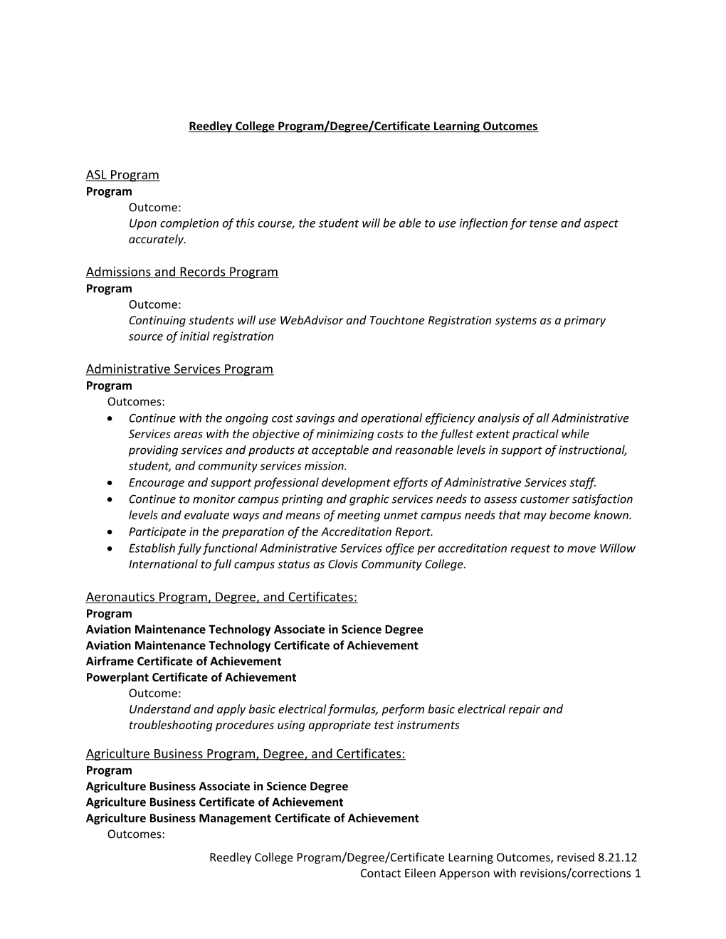 Reedley College Program/Degree/Certificate Learning Outcomes