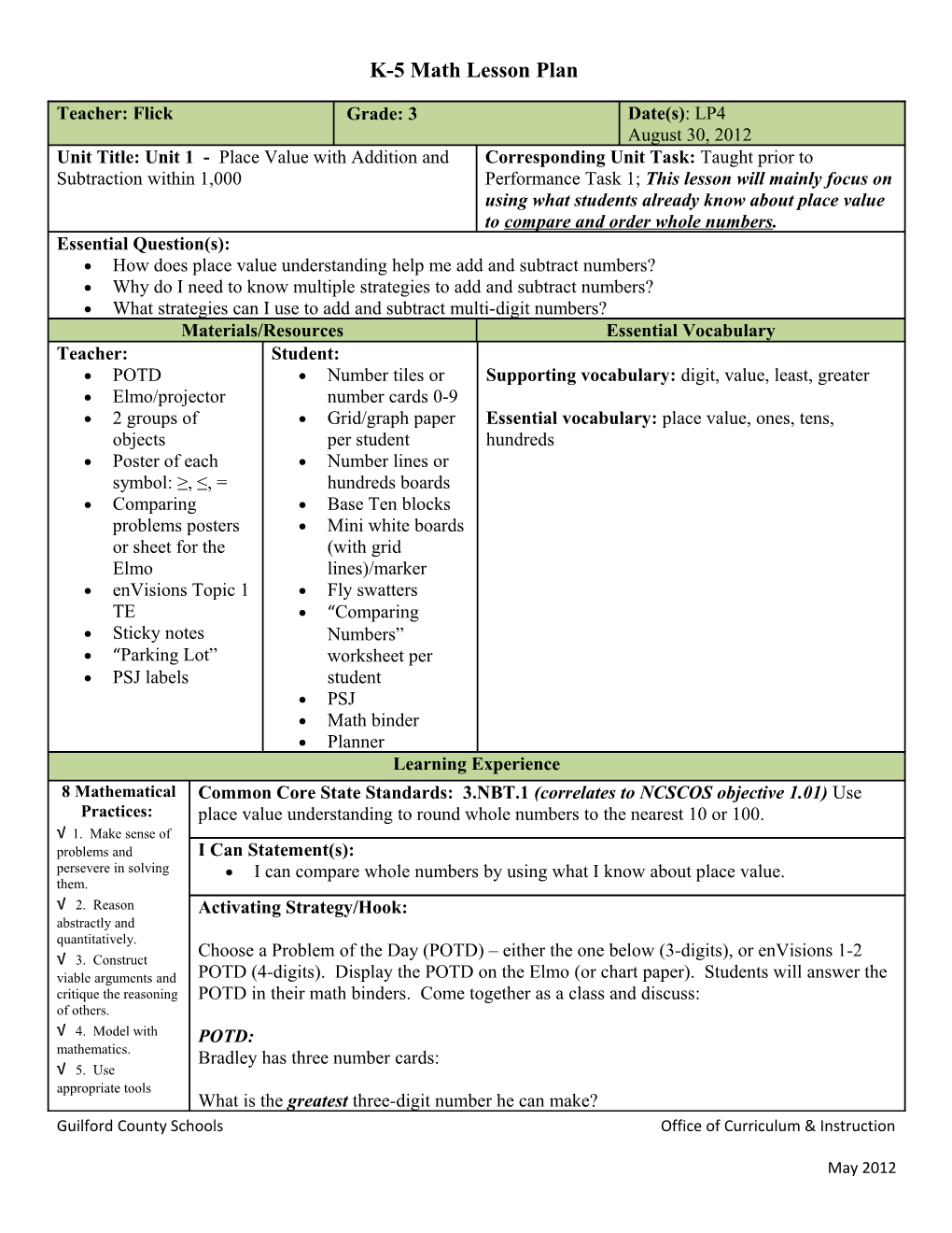 K-5 Math Lesson Plan s1