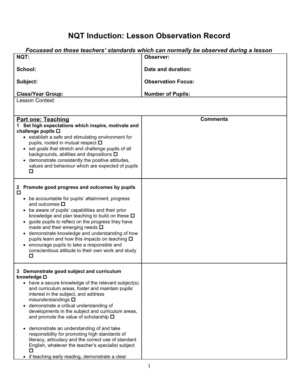 Induction Lesson Observation Form - Primary