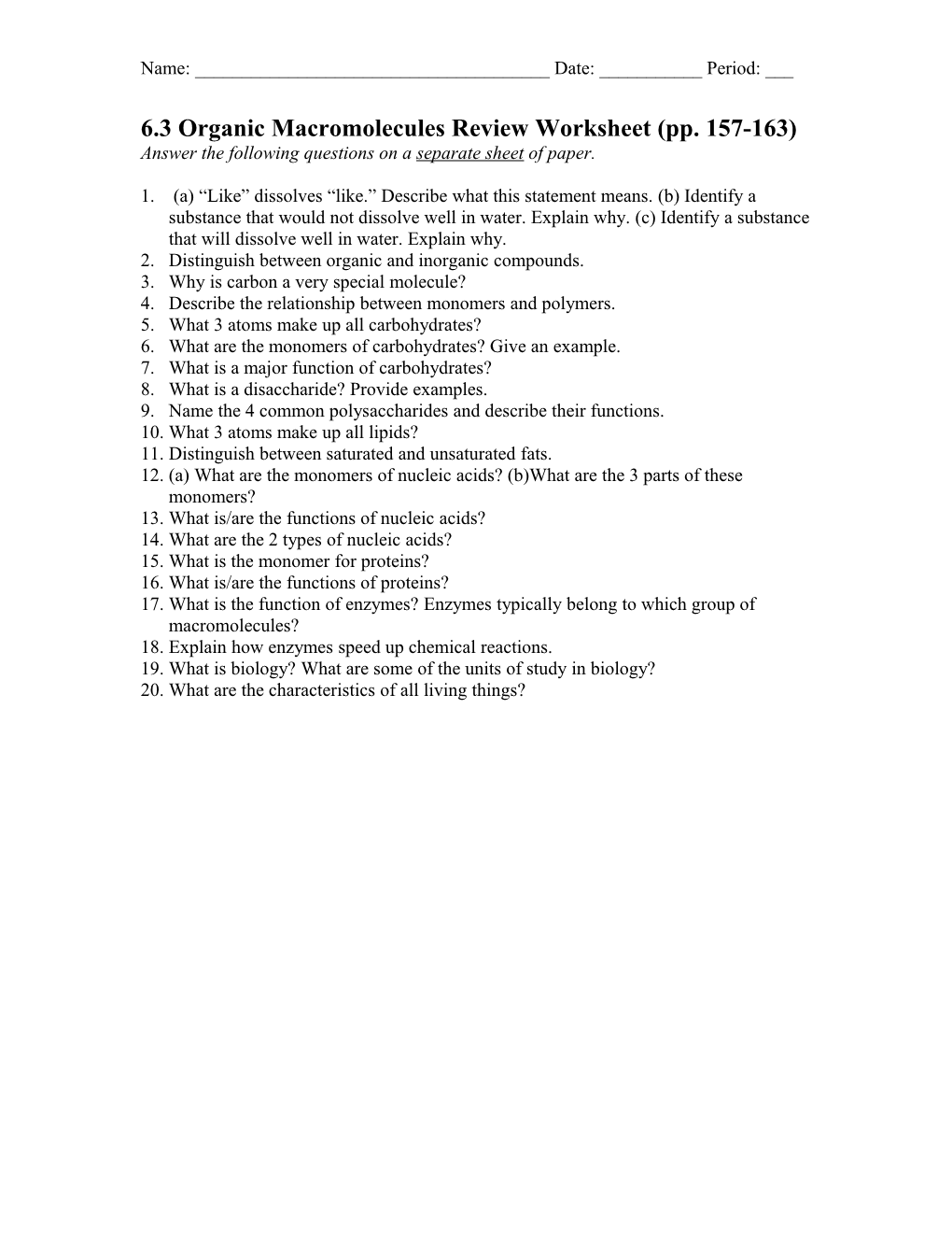 Chapter 2 Chemistry of Life Review Worksheet