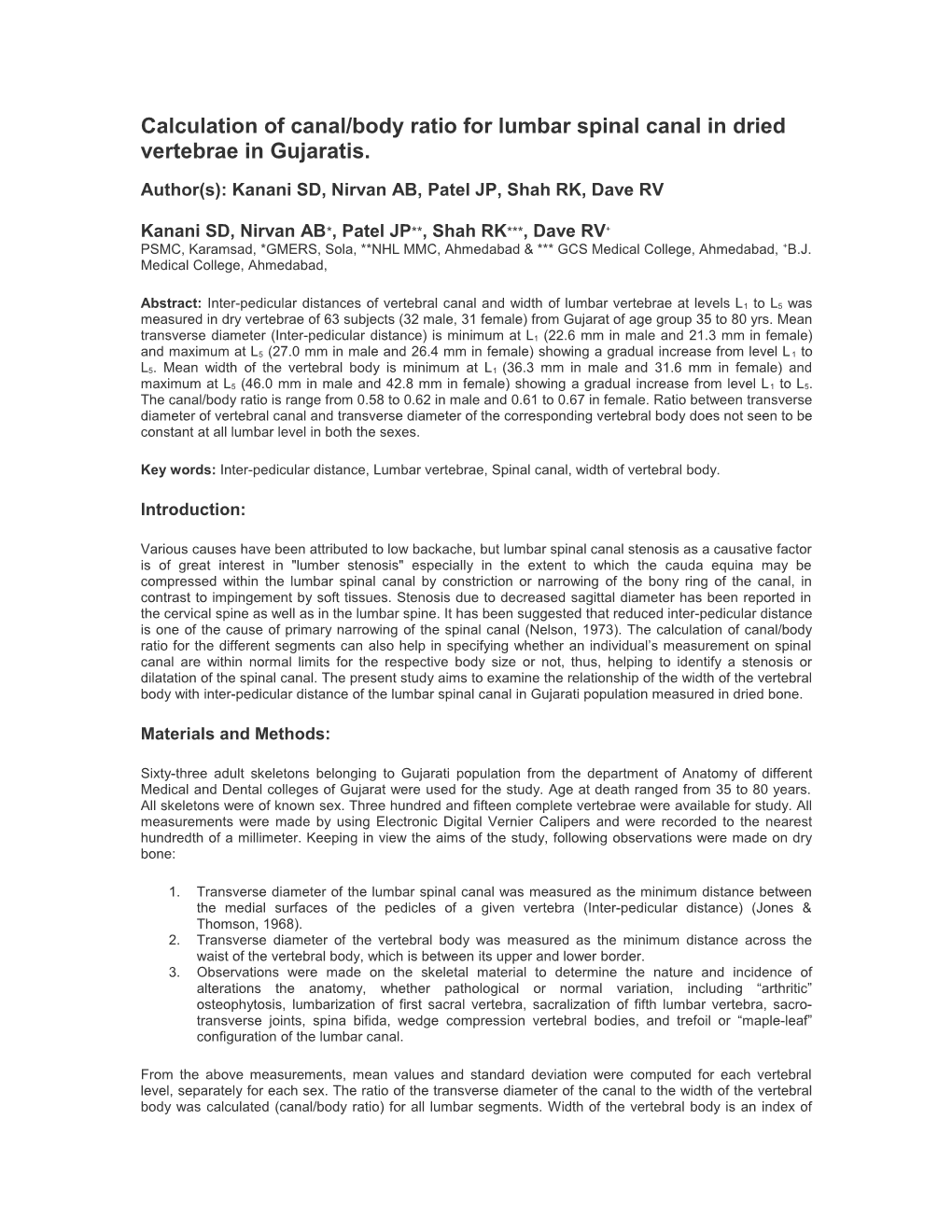 Calculation of Canal/Body Ratio for Lumbar Spinal Canal in Dried Vertebrae in Gujaratis