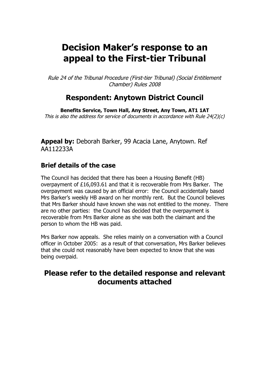 Appeal Response ANYTOWN BOROUGH COUNCIL