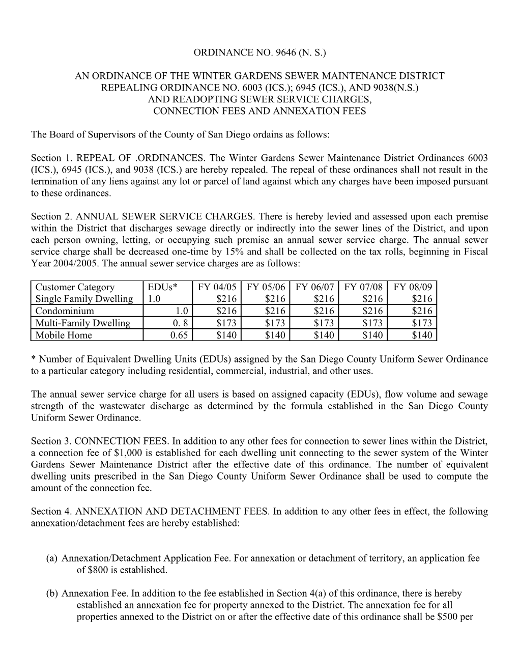 An Ordinance of the Winter Gardens Sewer Maintenance District