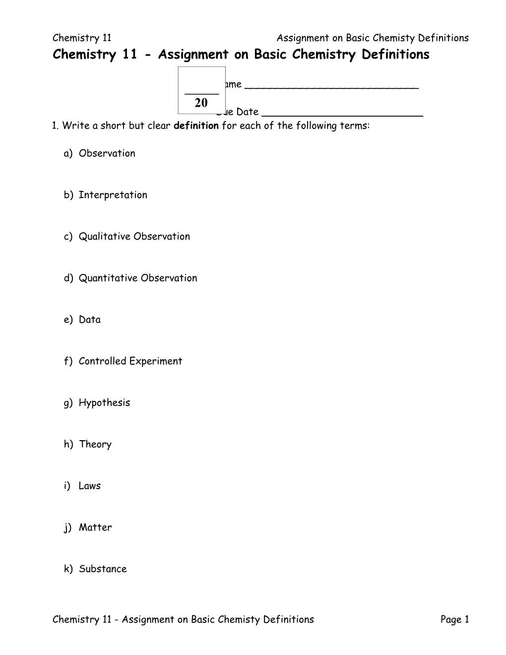 Chemistry 11 - Assignment on Basic Chemistry Definitions