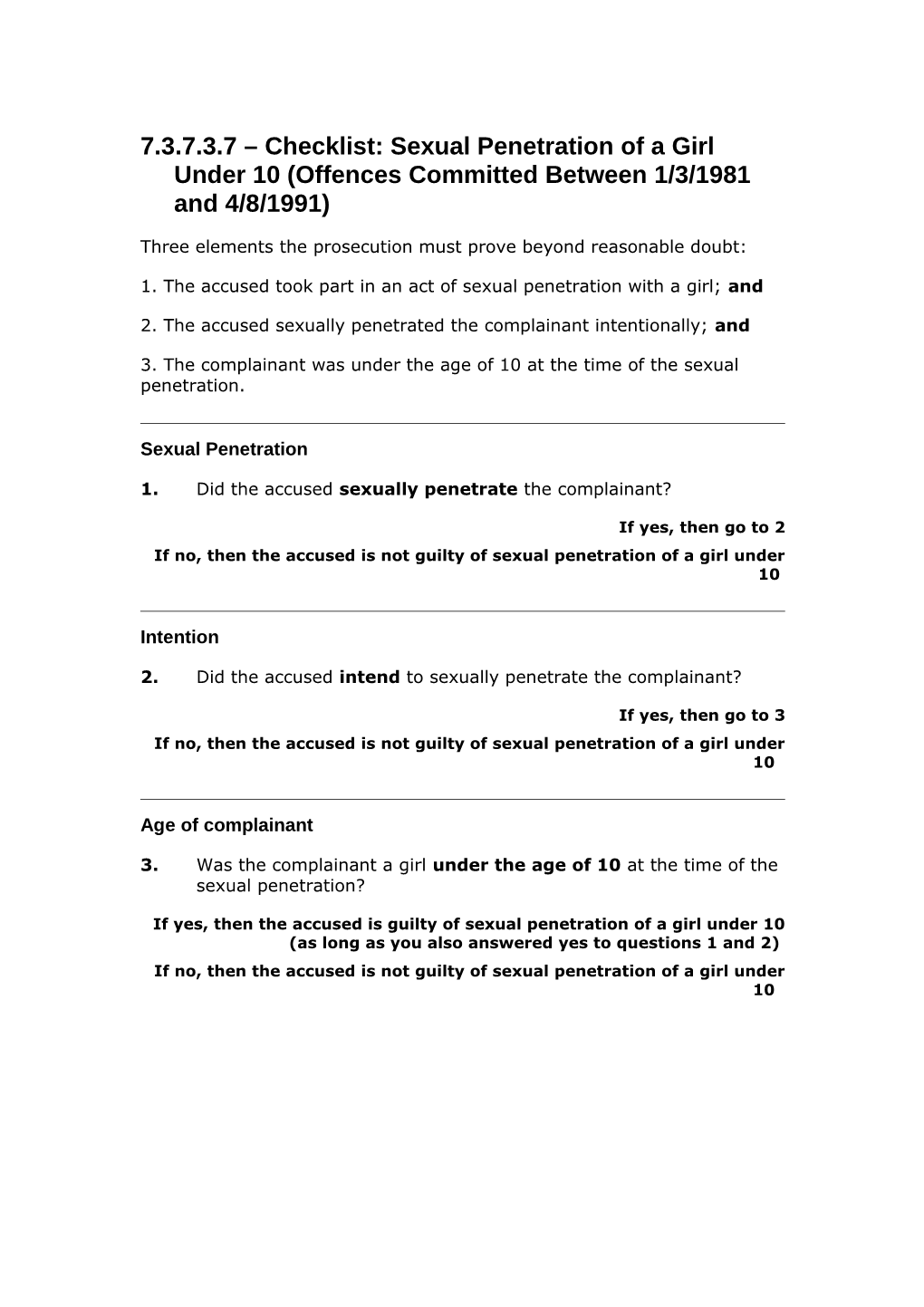 7.3.7.3.7 Checklist: Sexual Penetration of a Girl Under 10 (Offences Committed Between