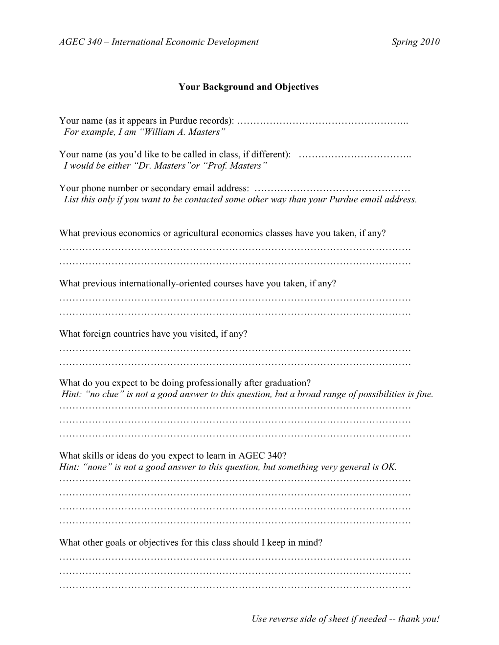 AGEC 340 - Economics of World Agricultural Development