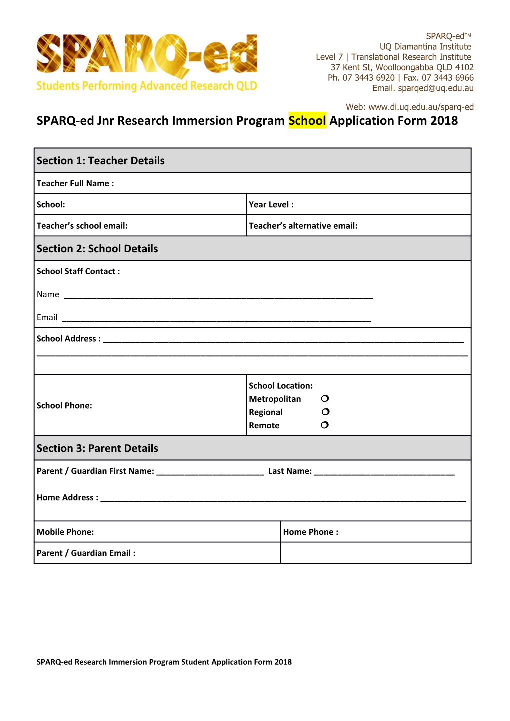 SPARQ-Ed Jnr Research Immersion Program Schoolapplication Form2018