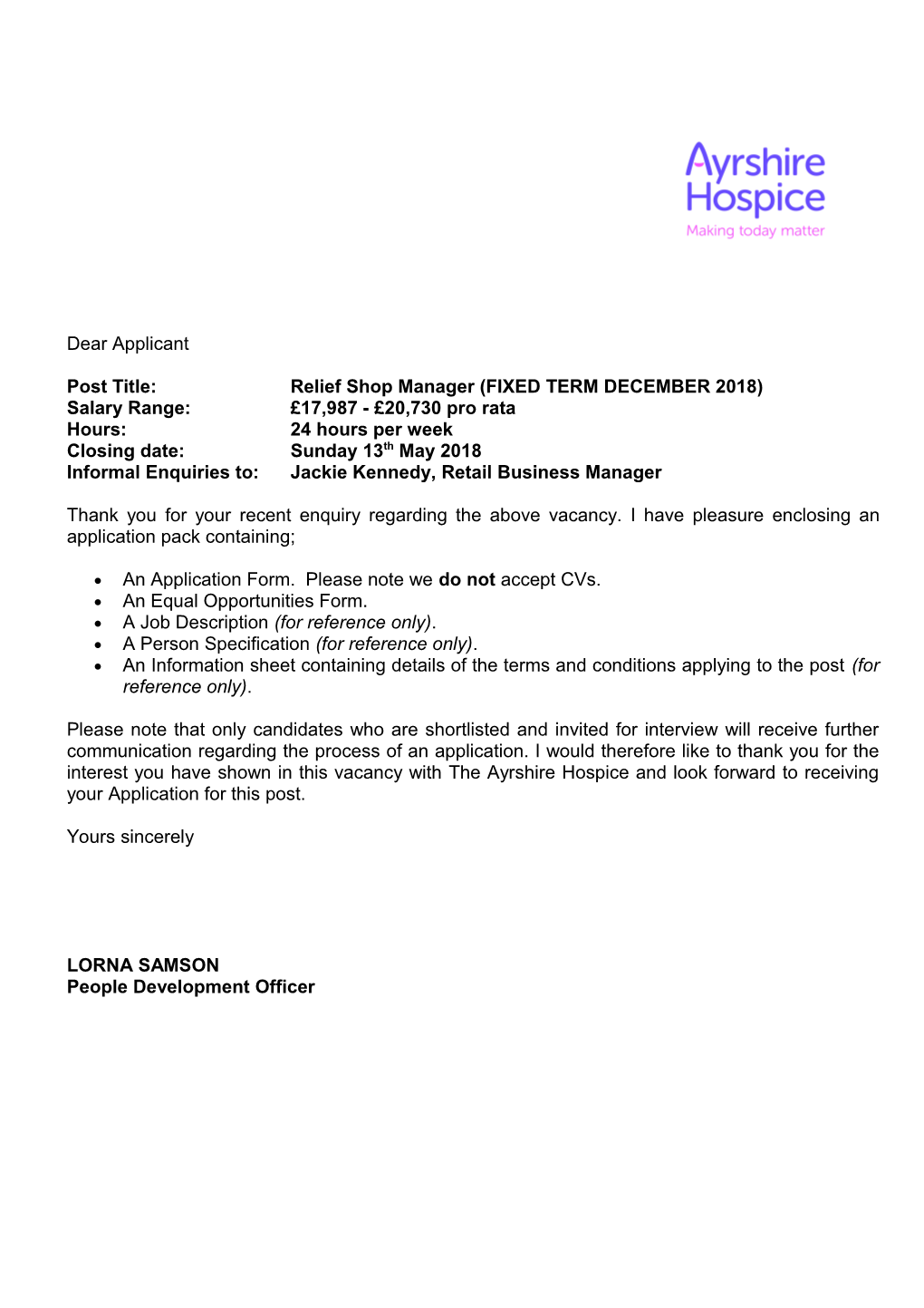 Post Title:Relief Shop Manager (FIXED TERM DECEMBER 2018)