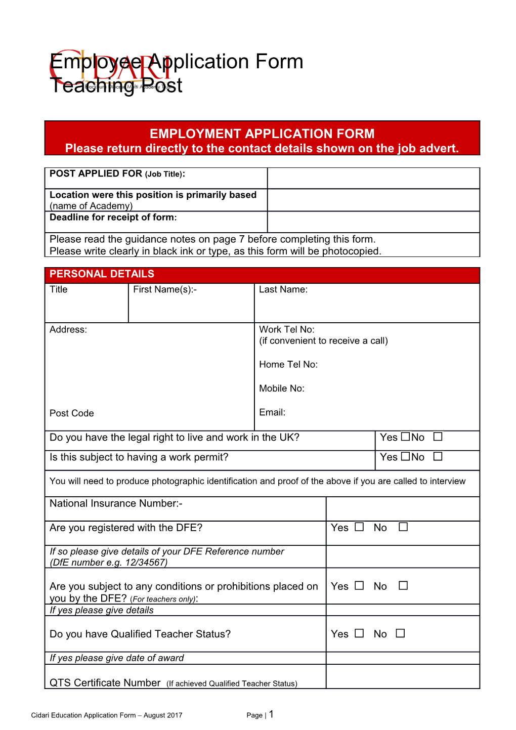 Cidari Education Application Form August 2017 Page 1