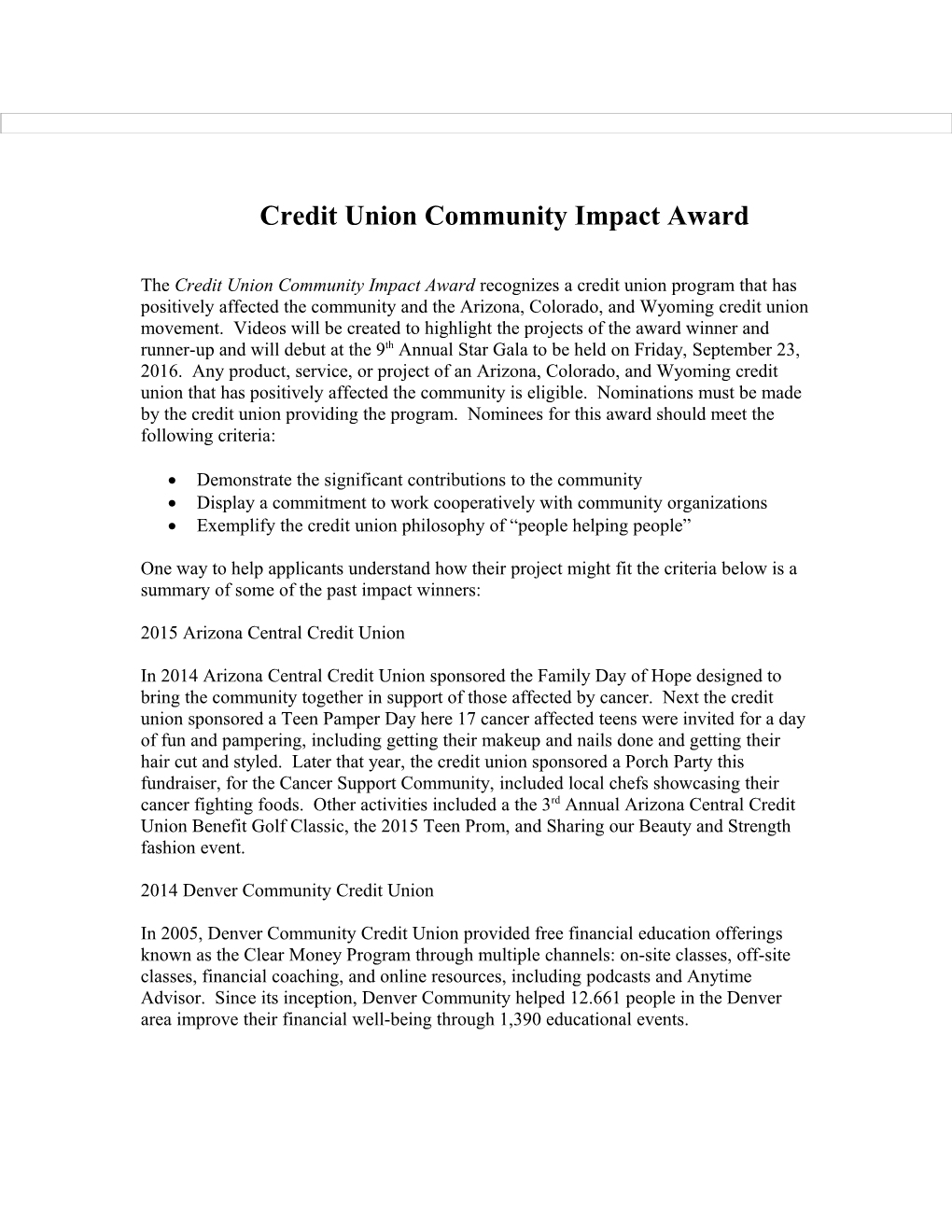 Credit Union Community Impact Award