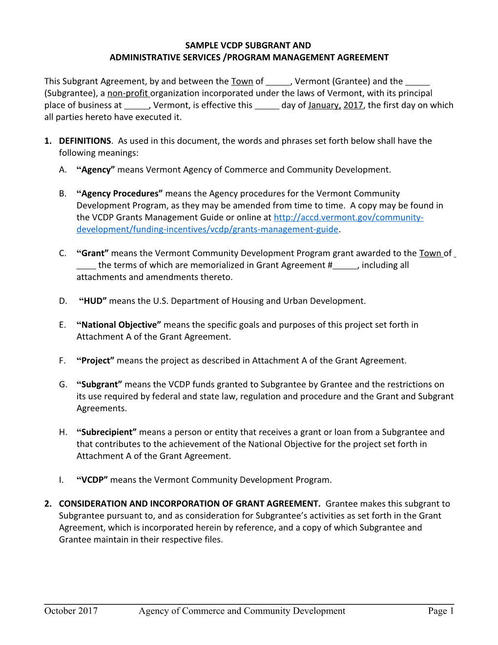 Vcdp Subgrant and Administrative Services /Program Management Agreement