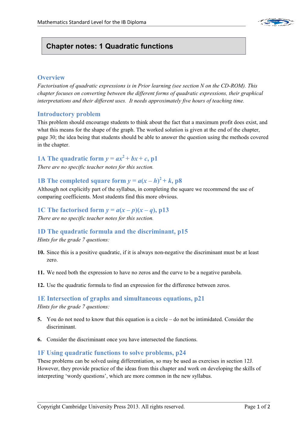 Chapter Notes: 1 Quadratic Functions