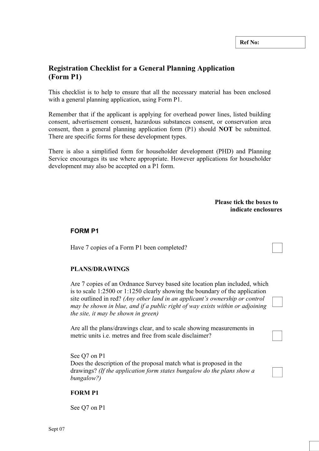 Registration Checklist for a General Planning Application (Form P1)