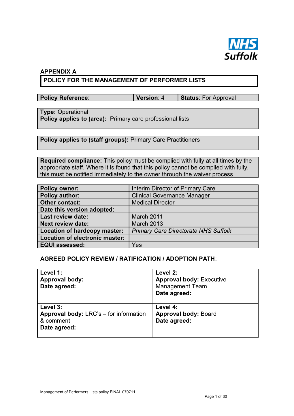 Policy for the Management of Performer Lists