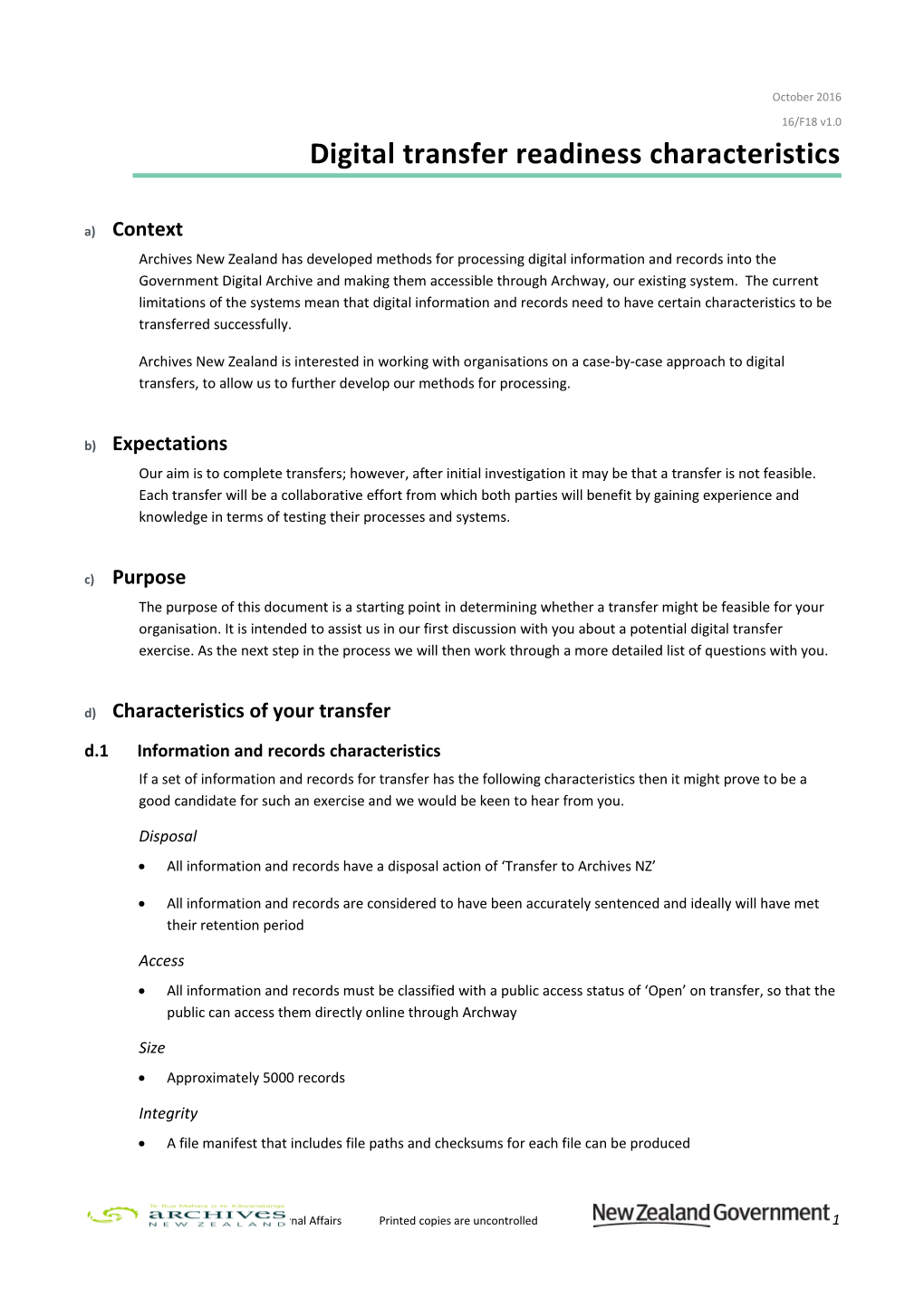 Digital Transfer Readiness Characteristics